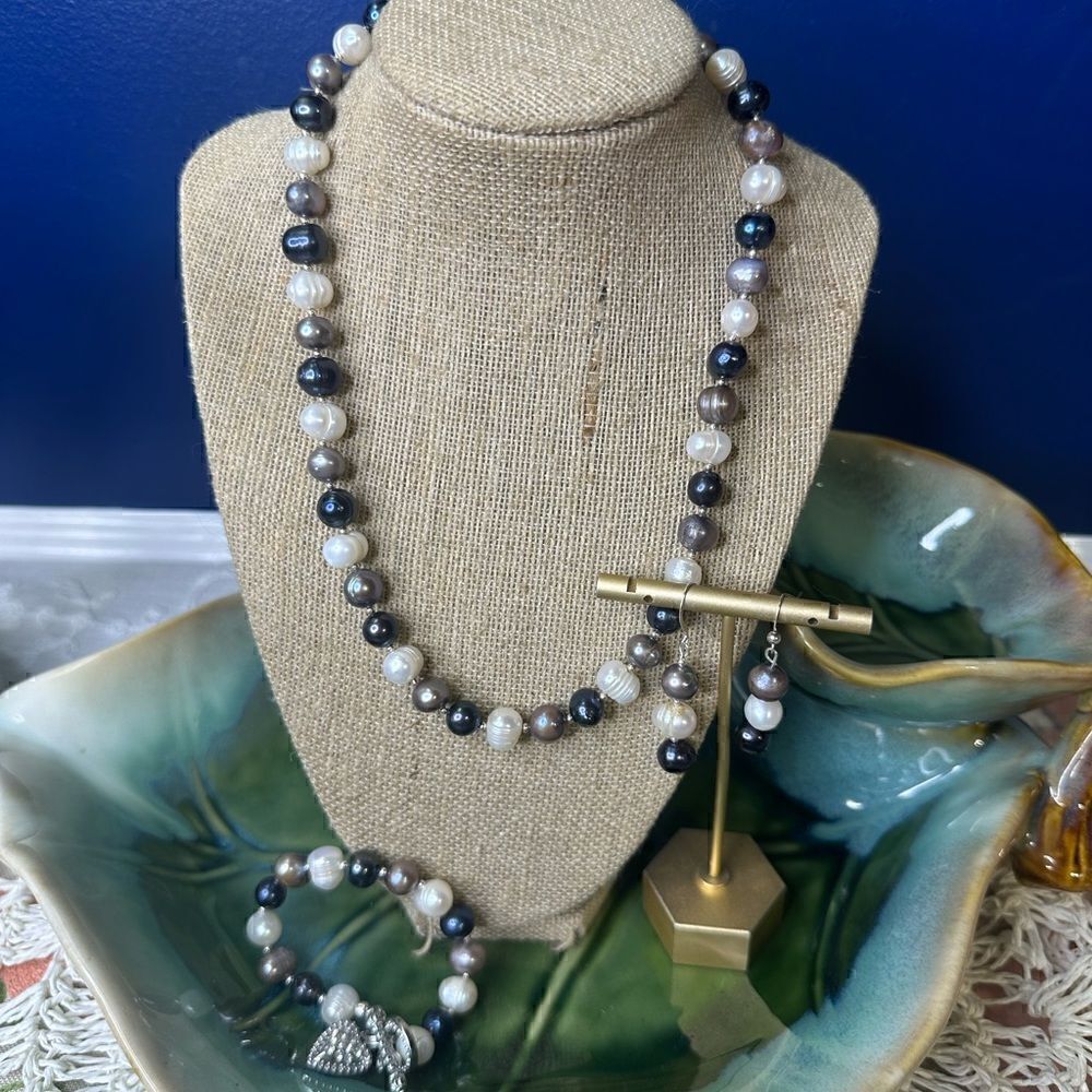 New Handcrafted Peacock Genuine Pearl Necklace Bracelet & Earrings 925 Findings